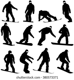 Set black silhouettes  snowboarders on white background. Vector illustration.