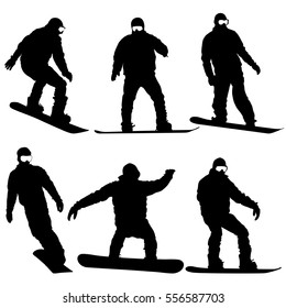 Set black silhouettes snowboarders on white background. Vector illustration.
