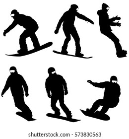 Set black silhouettes snowboarders on white background. Vector illustration.
