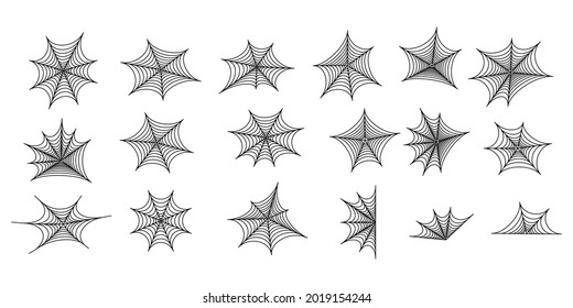Set of black silhouettes of spider web. Spooky horror design decoration for Halloween party. Spooky background for October party and invitations. Flat vector stock illustration.