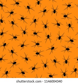 Set of black silhouettes spiders on orange background