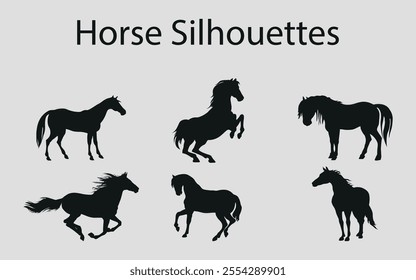A set of black silhouettes of a sports horse. Vector on black background