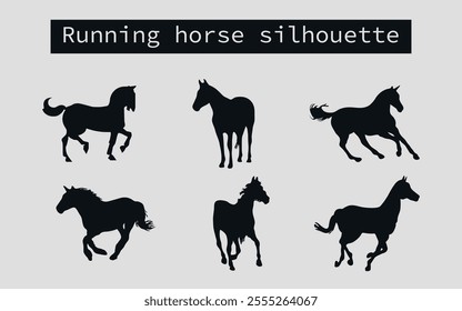 A set of black silhouettes of a sports horse. Vector on black background