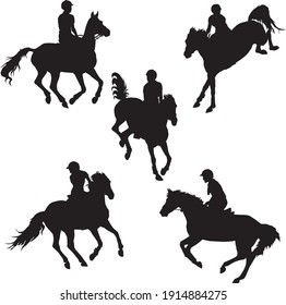 set of black silhouettes of sports horses and riders, show jumping, isolated on white background