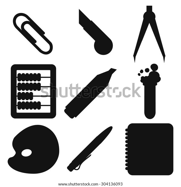 Set of Black silhouettes with\
stationery and school goods for use in logo or web design. Modern\
vector illustration for web stores or mobile apps. Part\
2.