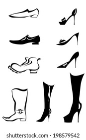 Set of black silhouettes of stylized men's and women's shoes. Vector illustration