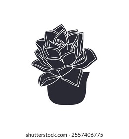 Set of Black silhouettes of succulent plant in pot isolated on white background. Hand drawn floral linocut design