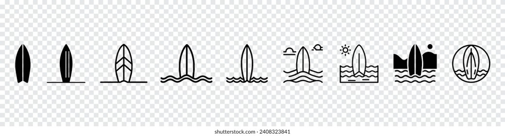 Set of black silhouettes of surfboards, Surfboard icon set. Black silhouette of surfboard. surfboard icon. surfing sign.  surfing icon, Surfboard icons, surfing icon set