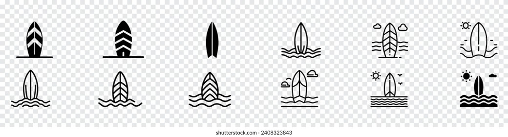 Set of black silhouettes of surfboards, Surfboard icon set. Black silhouette of surfboard. surfboard icon. surfing sign.  surfing icon, Surfboard icons, surfing icon set