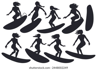 Set of black silhouettes of surfers on surfboards summer ocean elements for design of extreme beach life. Girl surfer, woman on surf boards for surfing or sea sport. Tropical exotic female design.