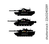 Set black silhouettes: tank abrams, challenger, leopard. Friendly countries. Lend - lease. Vector illustration.