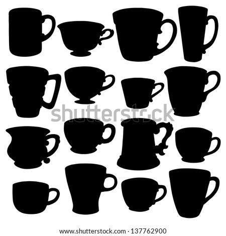 Set black silhouettes tea cups, demitasse, coffee cups, mugs isolated on a white background. Icons. Abstract design logo. Logotype art - vector
