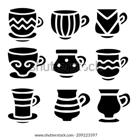 Set black silhouettes tea cups, coffee cups isolated on a white background. Icons. Abstract design logo. Logotype art - vector
