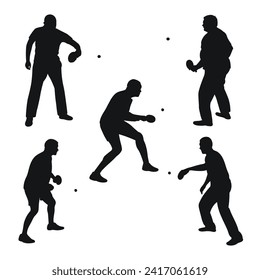 Set of black silhouettes of tennis players with racket and ball, isolated vector