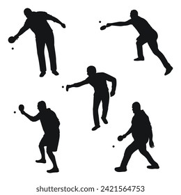 Set of black silhouettes of tennis players with racket and ball, isolated vector