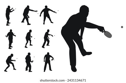 Set of black silhouettes of tennis players with racket and ball, isolated vector