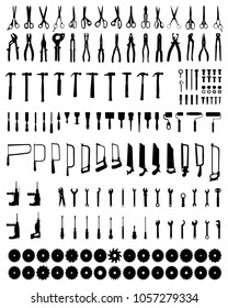 Set of black silhouettes of tools on a white background