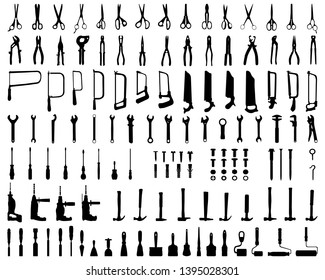 Set of black silhouettes of tools on a white background