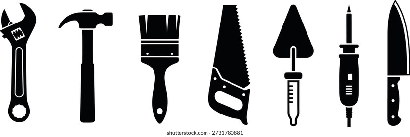 A set of black silhouettes of tools on a white background, including pliers, hammer, brush, knife, screwdriver, and chisel