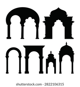 Set of black silhouettes of traditional architectural arches and entryways