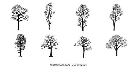 set of black silhouettes of trees isolated on a white background