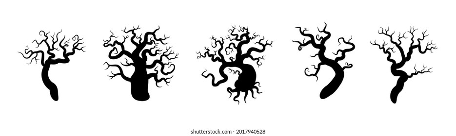 Set of black silhouettes of trees. Spooky horror design decoration for Halloween party. Spooky background for October party and invitations. Flat vector stock illustration.