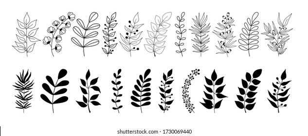 Set of black silhouettes of tropical leaves on an isolated white background. Botanical tree branches, palm leaf on the stem. Spring summer leaf. Concept design logo icons. Vector illustration.