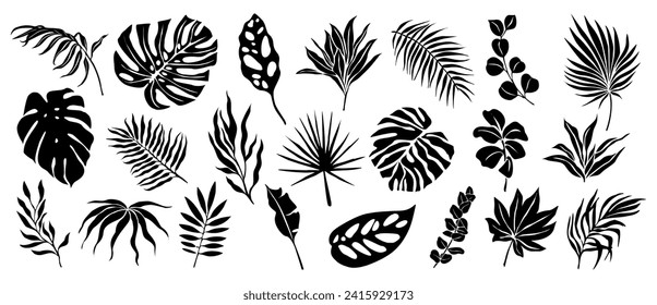 Set of black silhouettes of tropical leaves vector