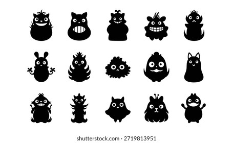 A set of black silhouettes of various cute monsters with big eyes and funny expressions, isolated on white background, in a cartoon style