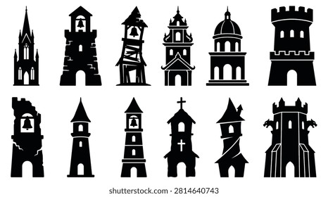 Set of black silhouettes of various towers, castles, and churches