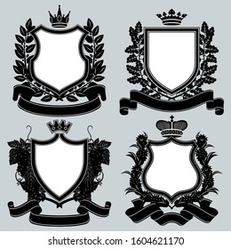 Set of black silhouettes of vintage decorative signs and symbols with crowns, shields, wreaths and ribbons. Vector illustration