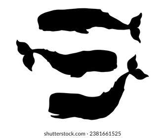 Set of black silhouettes of whales isolated on white background.