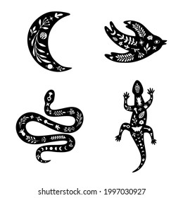 Set of black silhouettes with white floral elements. Moon, lizard, bird, snake. Vector illustration in linocut style.