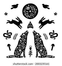 Set of black silhouettes with white floral elements. Moon, wolf, hare, moth, bird, snake, mushrooms, flowers. The wolf howls at the moon. Vector illustration in linocut style.