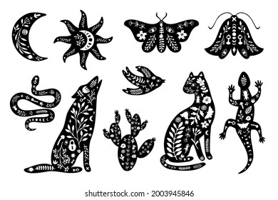 Set of black silhouettes with white floral elements. Moon, sun, animals, wolf, cat, lizard, cactus, moth, bird, snake. Vector illustration in linocut style.