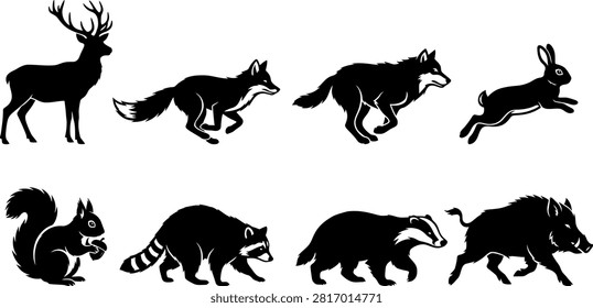 Set of black silhouettes of wild forest animals vector collection