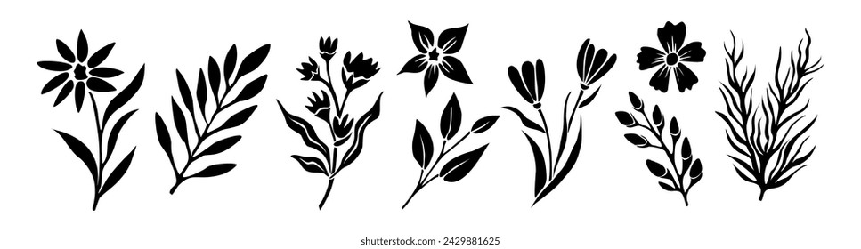 Set of black silhouettes of wild leaves, flowers.