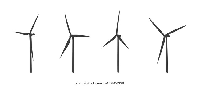 Set of black silhouettes wind turbines. Windmills for eco energy. Wind towers with vanes for producing renewable alternative natural energy isolated on white background. Vector illustration