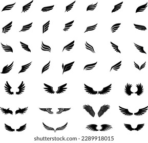 set of black silhouettes of wings. Wings icon black simple set. Wings vector Collection