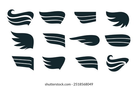 Conjunto de alas de siluetas negras. Plantilla para diseños de logotipos, etiquetas, insignias. Diferentes Formas de alas de Vector. Colección de silueta de alas de pájaro para logotipo, tatuaje, etiqueta, diseño de insignia.