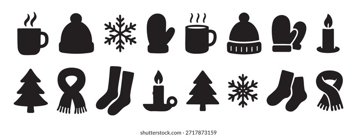 SET - Siluetas negras de accesorios de invierno y símbolos de vacaciones, incluyendo sombrero, manopla, bufanda, copo de nieve, taza, vela, árbol y calcetines, aislados sobre fondo blanco.