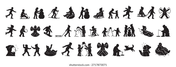 SET - Siluetas negras de actividades invernales con niños y muñecos de nieve sobre fondo blanco. concepto de juego estacional, diversión en Clima frío, juegos infantiles, deportes de invierno, elemento de diseño.