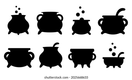 Set of black silhouettes of witch cauldrons with handles and magic potion. Collection of items for the holiday Halloween. Vector illustration