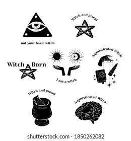 Set of black silhouettes witchcraft and magic items and scenes. Witchy mystical clipart. Prints with text.