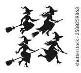 Set of black silhouettes of witches flying on a broomstick. Collection of silhouettes for Halloween. Mystical illustration. outline of a witch
