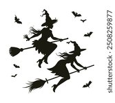 Set of black silhouettes of witches flying on a broomstick. Collection of silhouettes for Halloween. Mystical illustration. outline of a witch