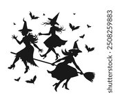 Set of black silhouettes of witches flying on a broomstick. Collection of silhouettes for Halloween. Mystical illustration. outline of a witch