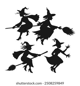 Set of black silhouettes of witches flying on a broomstick. Collection of silhouettes for Halloween. Mystical illustration. outline of a witch