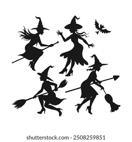 Set of black silhouettes of witches flying on a broomstick. Collection of silhouettes for Halloween. Mystical illustration. outline of a witch