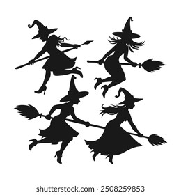 Set of black silhouettes of witches flying on a broomstick. Collection of silhouettes for Halloween. Mystical illustration. outline of a witch